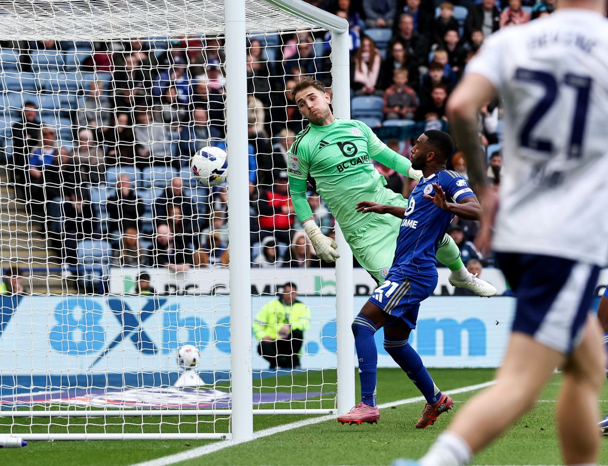 Leicester City's Jakub Stolarczyk is beaten by a header from Preston North End's Ben Whiteman as he scores his side's second goal  during the Sky Bet Championship match between Leicester City and Preston North End at The King Power Stadium