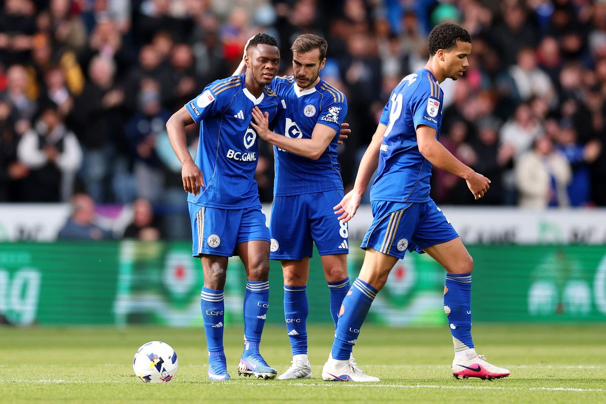 Patson Daka of Leicester City celebrates scoring his team's second goal with teammate Harry Winks during the Sky Bet Championship match between Leicester City and Preston North End at The King Power Stadium