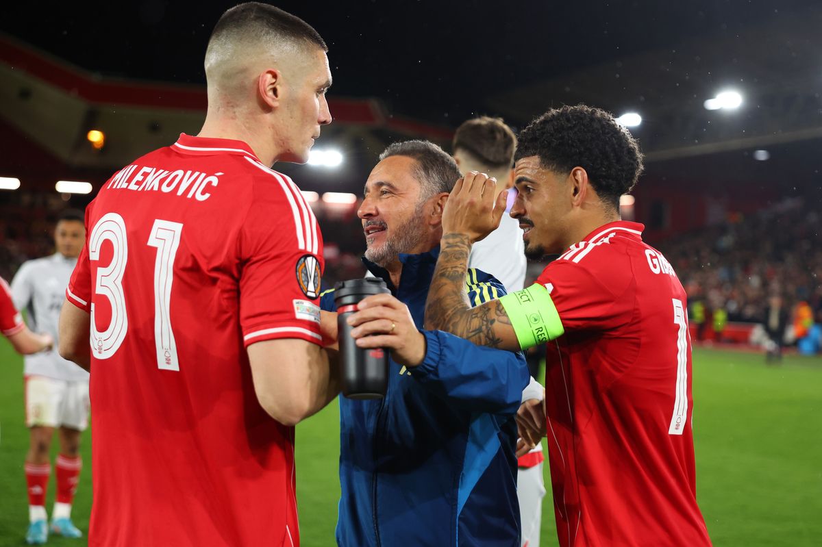Vitor Pereira, manager of Nottingham Forest, celebrates victory following the UEFA Europa League 2025/26 Quarter-Final Leg Two match between Nottingham Forest FC and FC Porto at City Ground