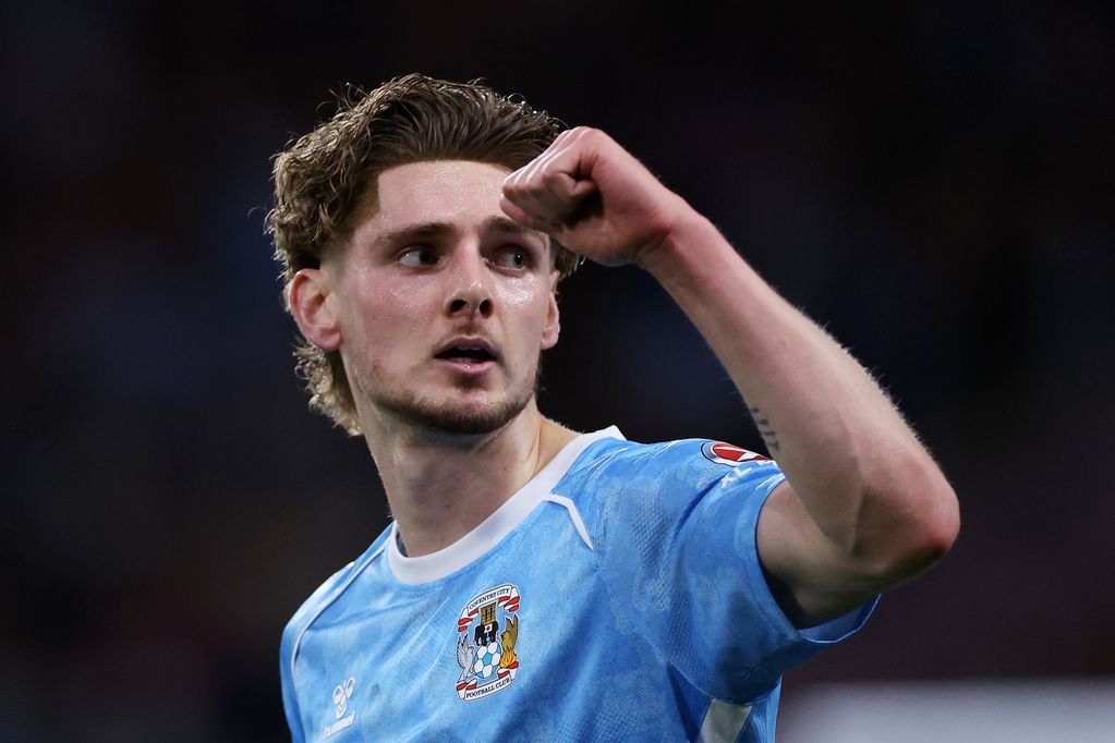 Jack Rudoni celebrates scoring for Coventry City against Derby County