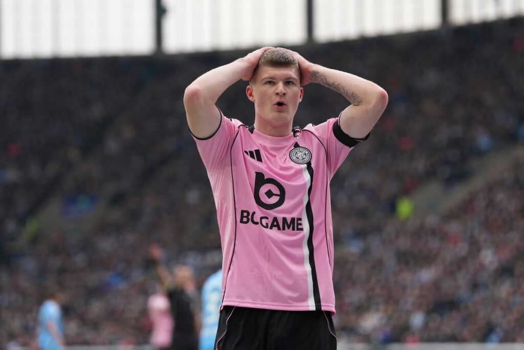 Jordan James reacts to a missed chance in Leicester City's 2-1 defeat to Coventry
