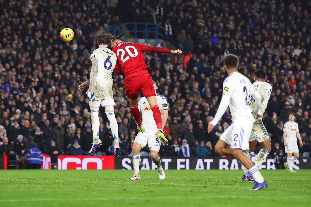 Lorenzo Lucca of Nottingham Forest scores his team's first goal during the Premier League match between Leeds United and Nottingham Forest at Elland Road. 