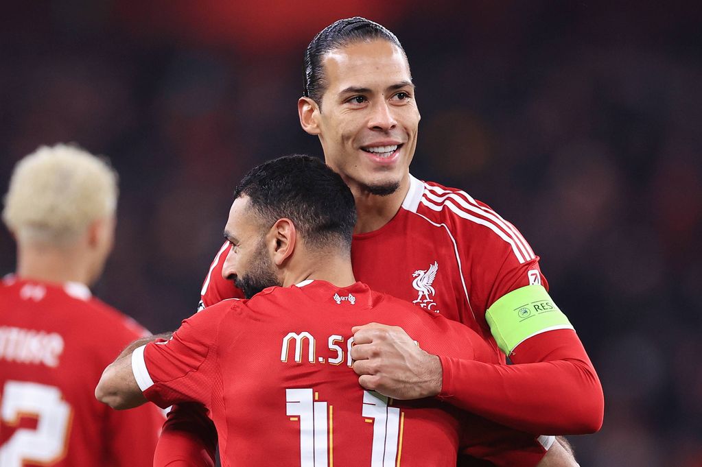 LIVERPOOL, ENGLAND - JANUARY 28: Mohamed Salah of Liverpool celebrates with Virgil van Dijk of Liverpool after scoring their 3rd goal during the UEFA Champions League 2025/26 League Phase MD8 match between Liverpool FC and Qarabag FK at Anfield on January 28, 2026 in Liverpool, England. (Photo by Simon Stacpoole/Offside/Offside via Getty Images)
