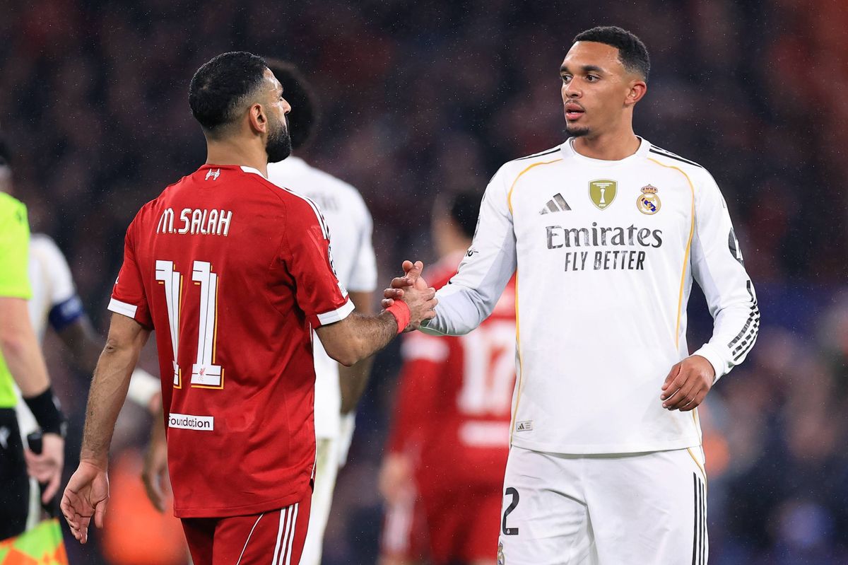 Mohamed Salah of Liverpool and Trent Alexander-Arnold of Real Madrid