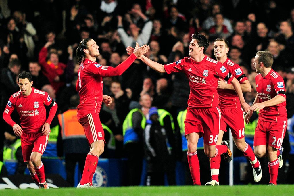 Andy Carroll celebrates with fellow Liverpool players