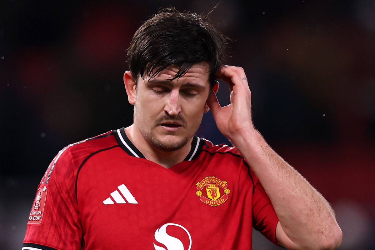 Harry Maguire of Manchester United looks dejected following the Emirates FA Cup Third Round match between Manchester United and Brighton & Hove Albion at Old Trafford