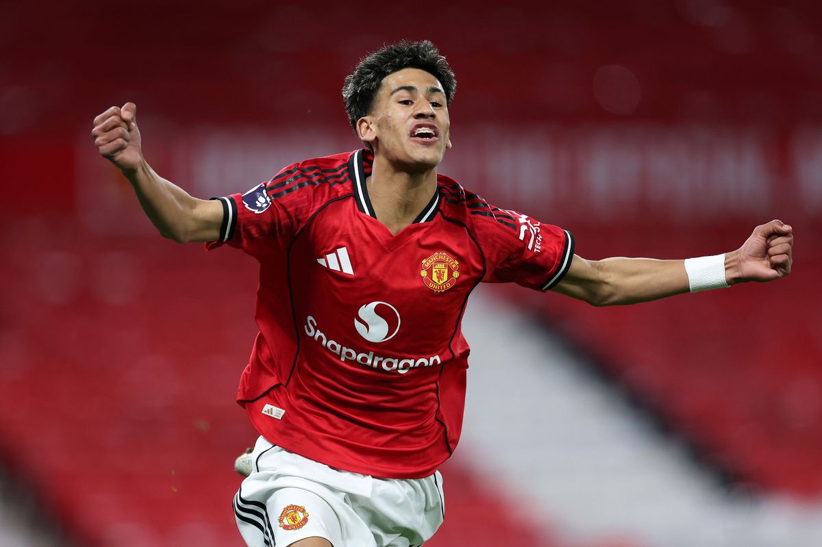 JJ Gabriel celebrates after scoring their first goal during the FA Youth Cup Semi Final match between Manchester United and Crystal Palace at Old Trafford. 