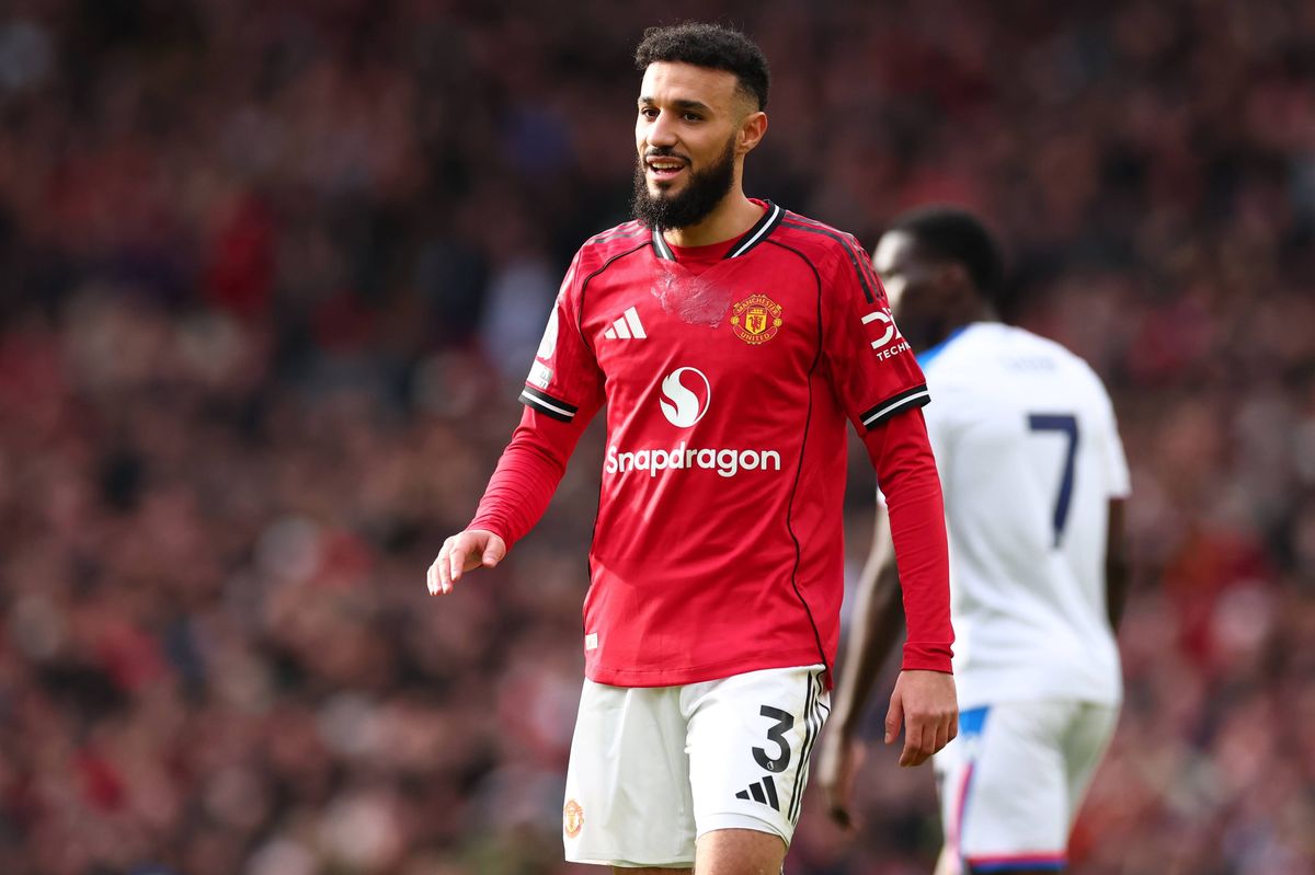 MANCHESTER, ENGLAND - MARCH 1:  Noussair Mazraoui of Manchester Utd during the Premier League match between Manchester United and Crystal Palace at Old Trafford on March 1, 2026 in Manchester, United Kingdom. (Photo by Shaun Brooks - CameraSport via Getty Images)