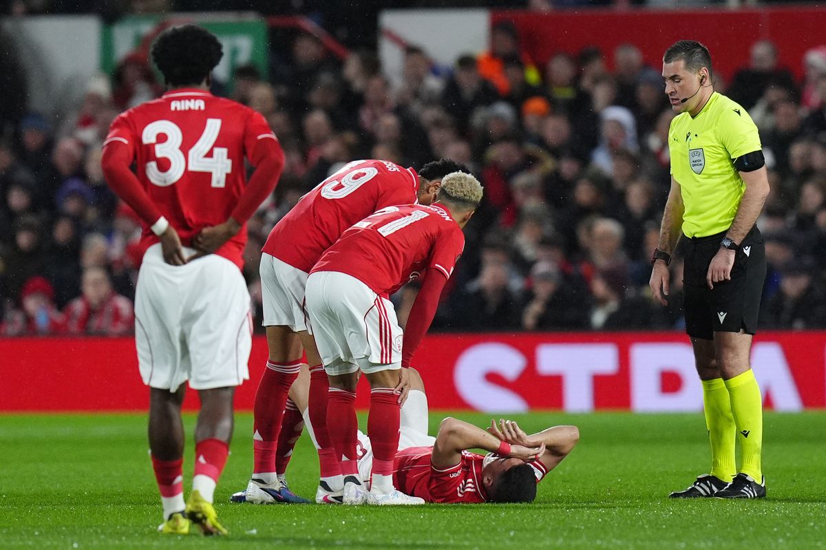 Nottingham Forest defender Jair Cunha goes down injured against Midtjylland