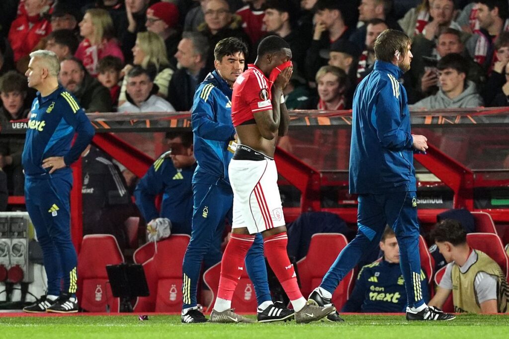 Nottingham Forest's Callum Hudson-Odoi is forced off against Porto