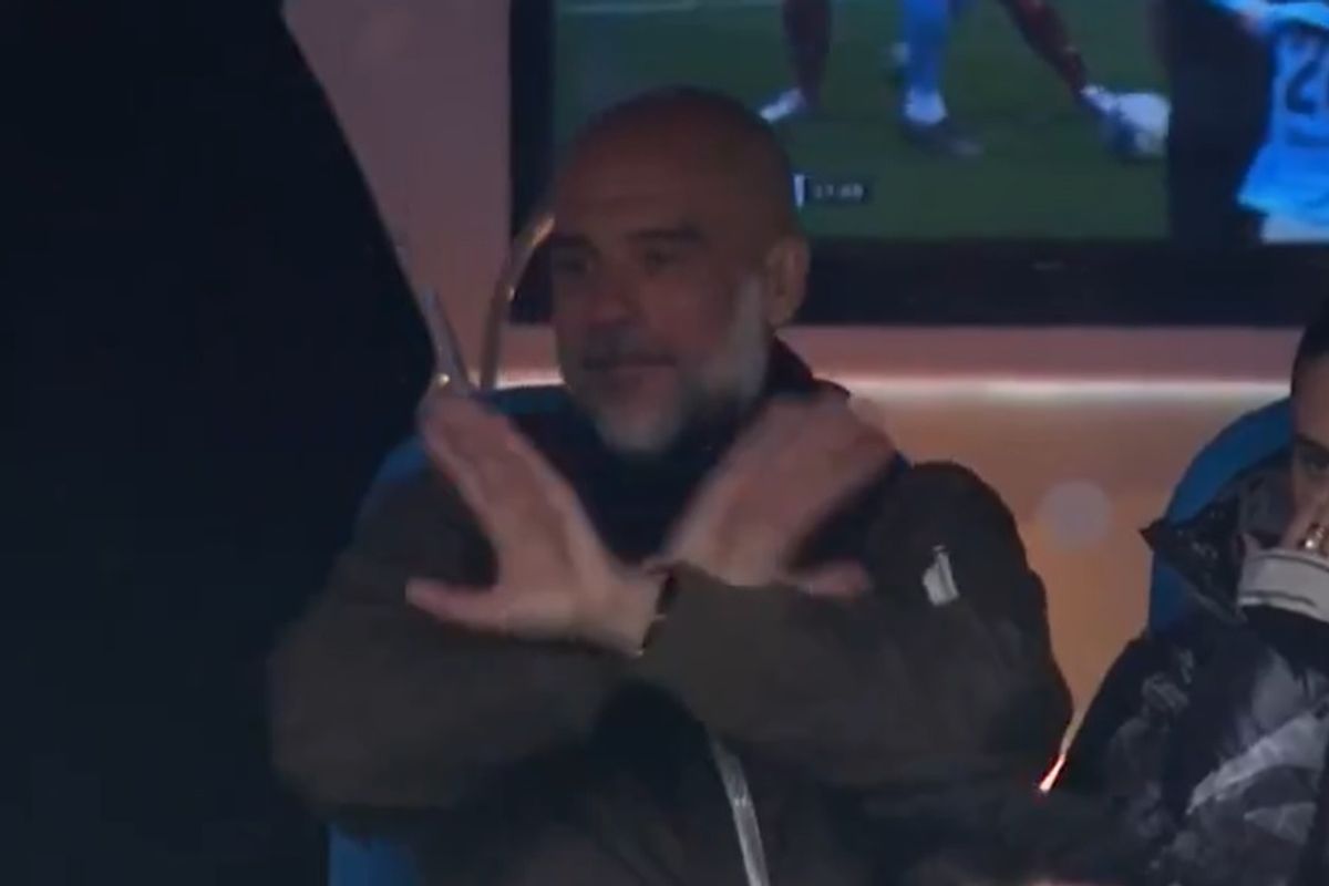Pep Guardiola reacts in the stands