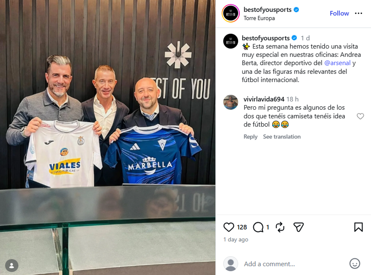 Andrea Berta poses with Best Of You Sports staff at their headquarters in Madrid, Spain