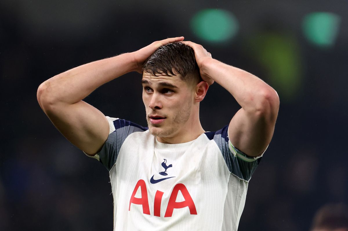 Micky van de Ven of Tottenham Hotspur reacts during the Premier League match between Tottenham Hotspur and Newcastle United