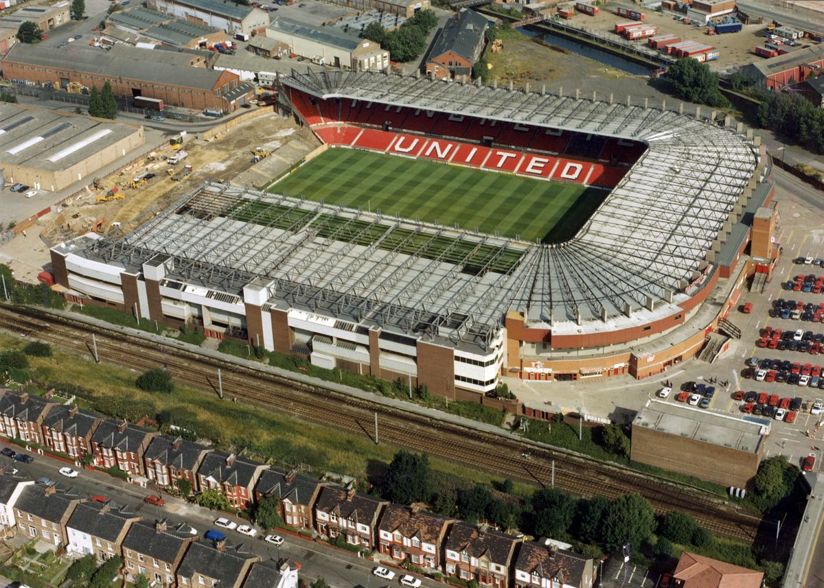 Aerial view of Old Trafford during construction, circa 1992. 