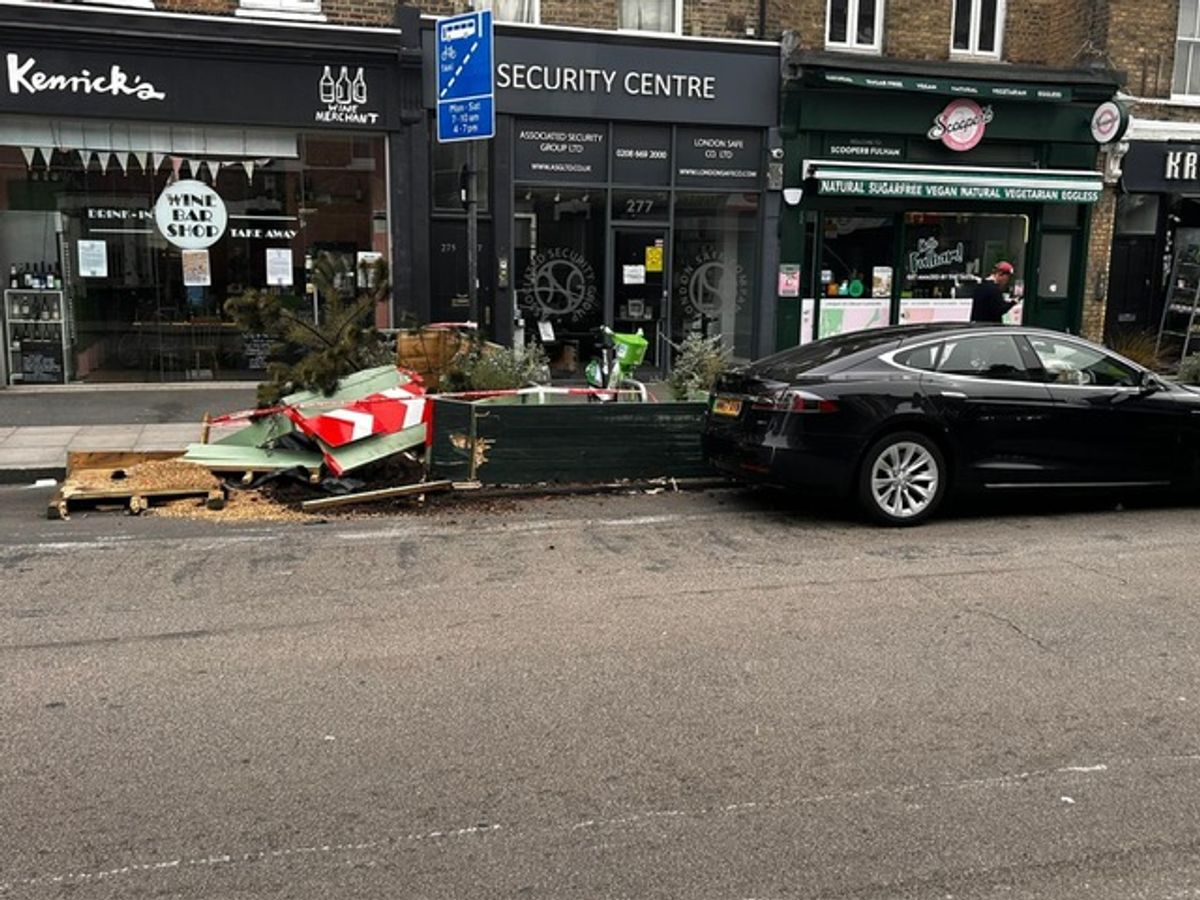 Smashed planter on Wandsworth Bridge Road