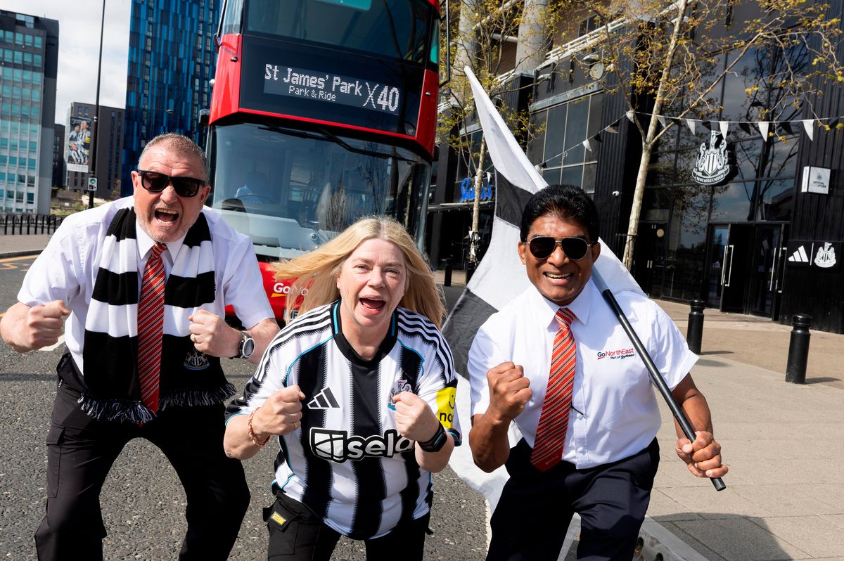 The trial park and ride service will be free for fans travelling to Saturday's match (L-R) Anthony Garrity, Lesley Calder and Saman Gamage from Go North East.