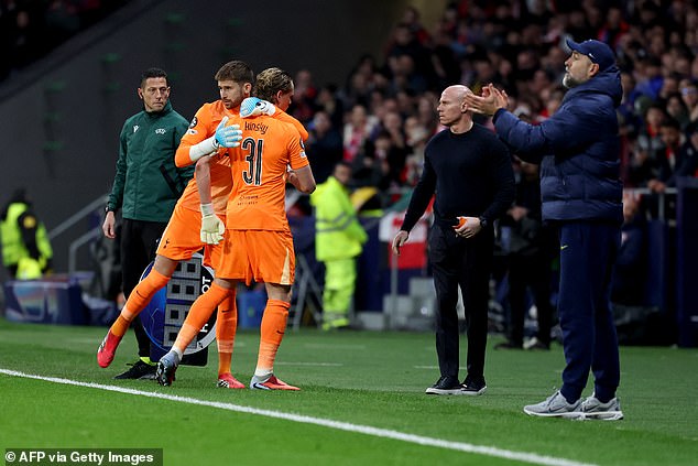 Antonin Kinsky (centre) was hooked after two bad errors with the ball at his feet against Atletico Madrid - will De Zerbi stand for that?