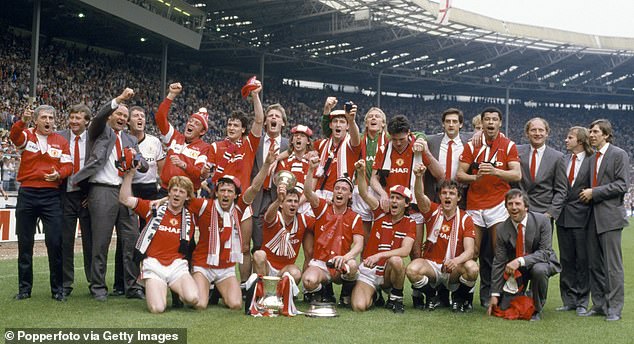 Strachan (front row, furthest left) celebrates winning the 1985 FA Cup as a player with Manchester United