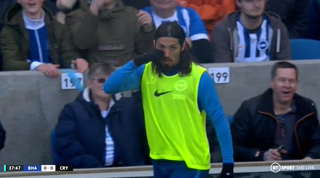 ... and Schelotto later goaded Zaha by making a 'crybaby' gesture on the touchline