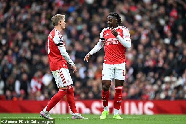 Odegaard finds himself at a crossroads. Scratching for form, trying to reach full fitness and fend off a hungry Eberechi Eze (right) for his place in the team