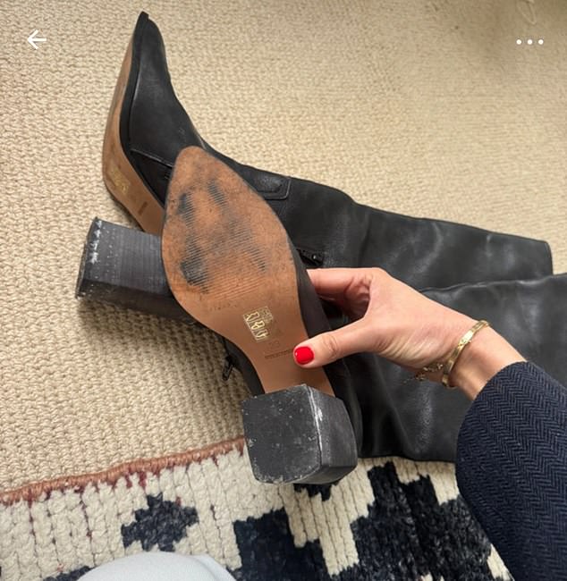 A pair of cowboy boots, listed for £40. Visibly worn, marked with stains and notably lacking any branding label