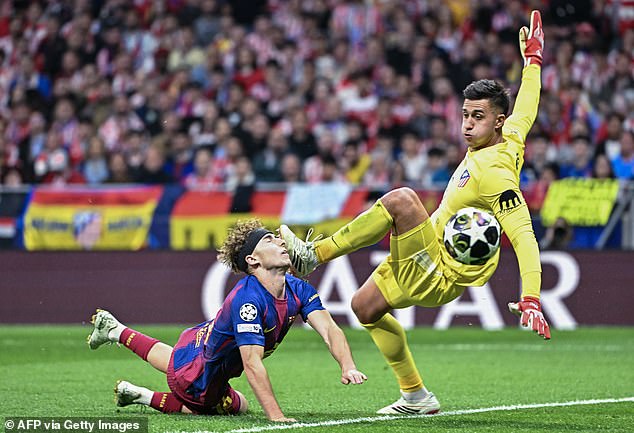 Barcelona star Fermin Lopez was left with blood pouring from his nose after this nasty collision as he went for goal