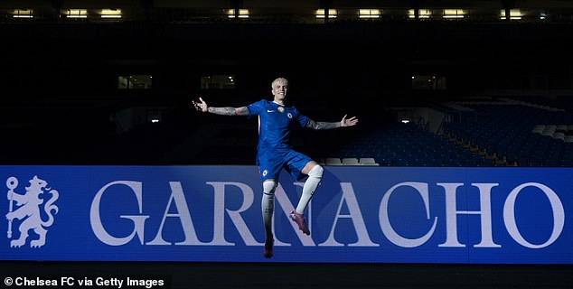 Garnacho at his Chelsea unveiling after his £40m move from Manchester United