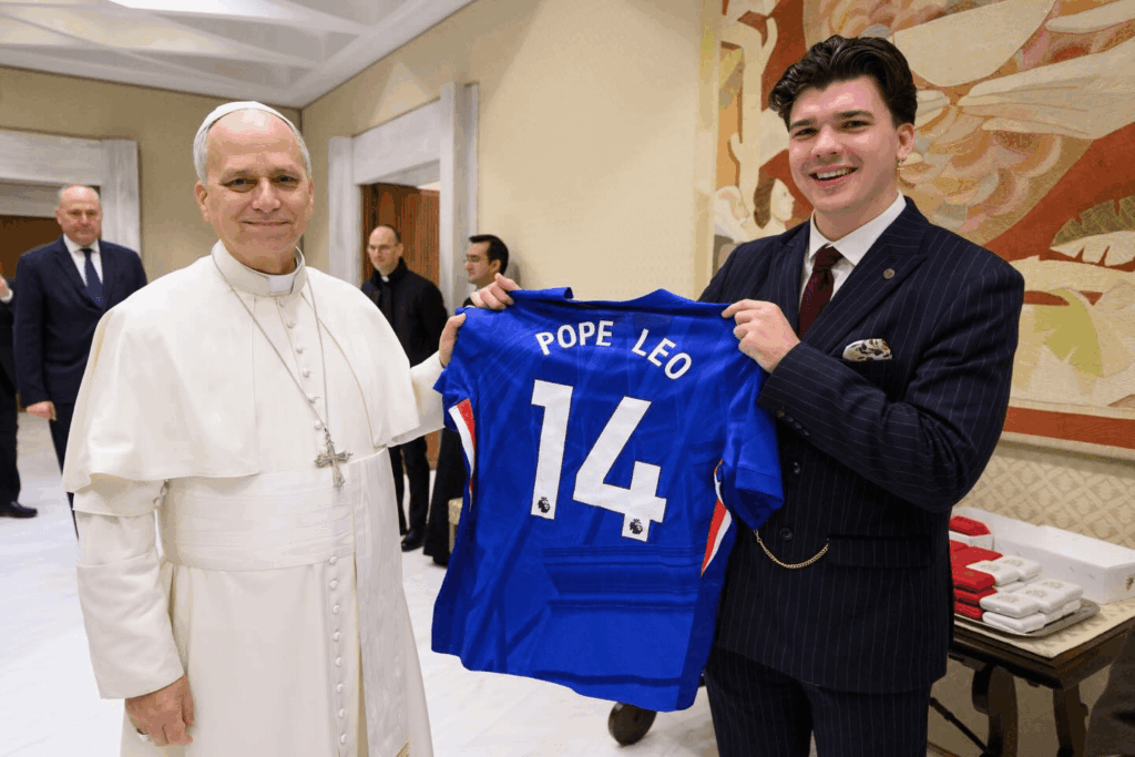 The Traitors UK Season 2 winner and Chelsea fan Harry Clark gifts Pope Leo a home kit