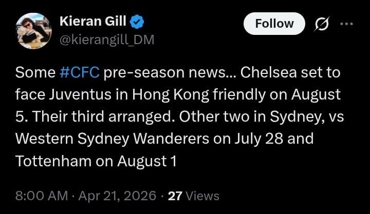 [Kieran Gill] Some #CFC pre-season news… Chelsea set to face Juventus in Hong Kong friendly on August 5. Their third arranged. Other two in Sydney, vs Western Sydney Wanderers on July 28 and Tottenham on August 1