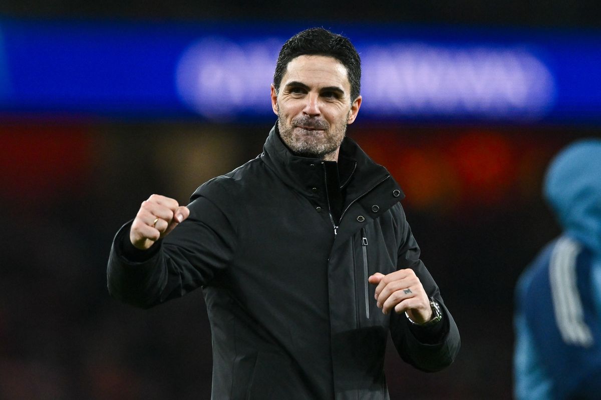 London, United Kingdom - March 17: Mikel Arteta of Arsenal FC celebrates after winning the UEFA Champions League 2025/26 Round of 16 Second Leg match between Arsenal FC and Bayer 04 Leverkusen at Arsenal Stadium on March 17, 2026 in London, United Kingdom. (Photo by Vince Mignott/DeFodi Images/DeFodi via Getty Images)