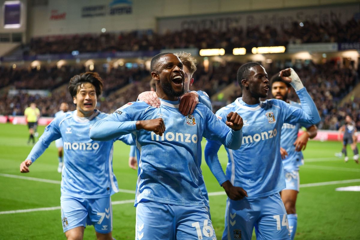 Frank Onyeka celebrates scoring for Coventry City against Derby County