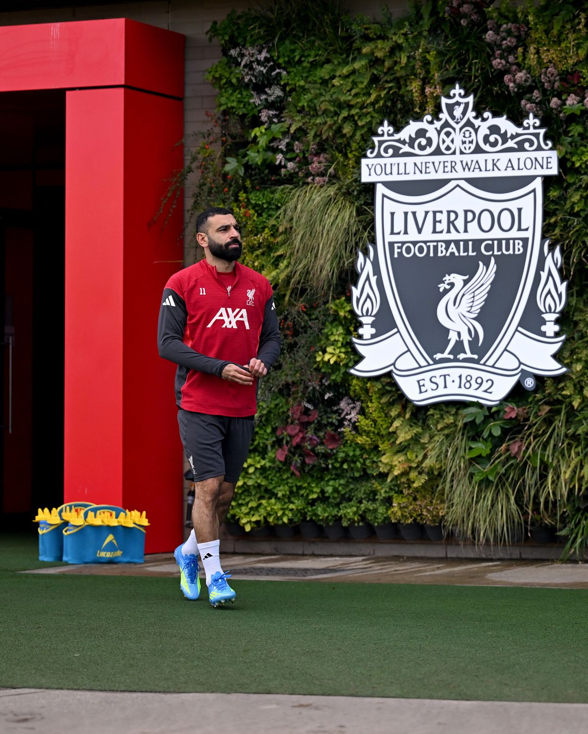 Mohamed Salah of Liverpool during a training session at AXA Training Centre on April 02, 2026 in Kirkby, England