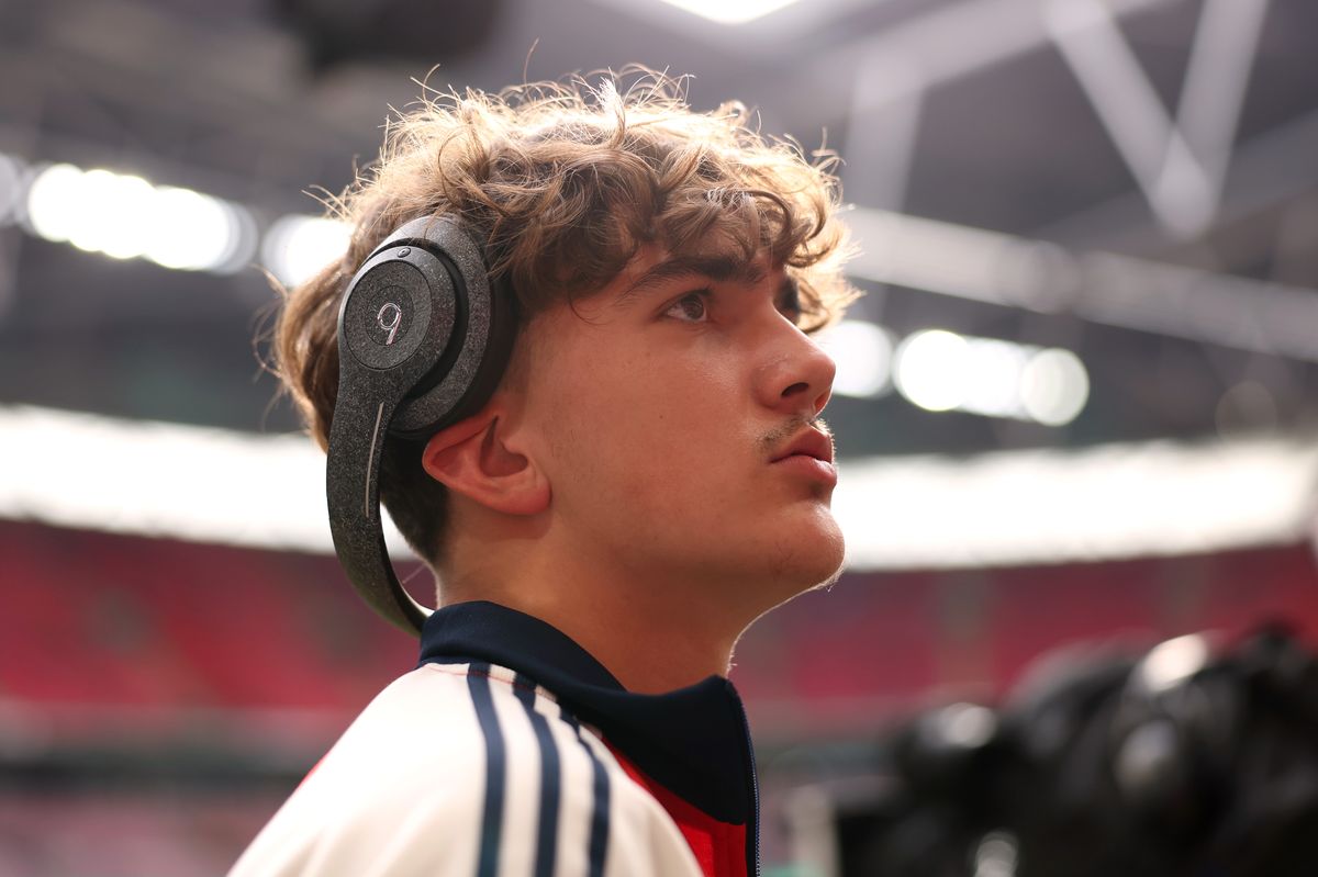 Max Dowman of Arsenal looks on after inspecting the pitch prior to the Carabao Cup Final match between Arsenal and Manchester City at Wembley Stadium on March 22, 2026 in London, England.