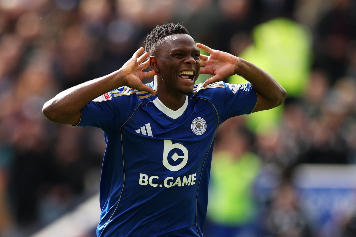 Patson Daka of Leicester City celebrates scoring his team's first goal during the Sky Bet Championship match between Leicester City and Preston North End at The King Power Stadium