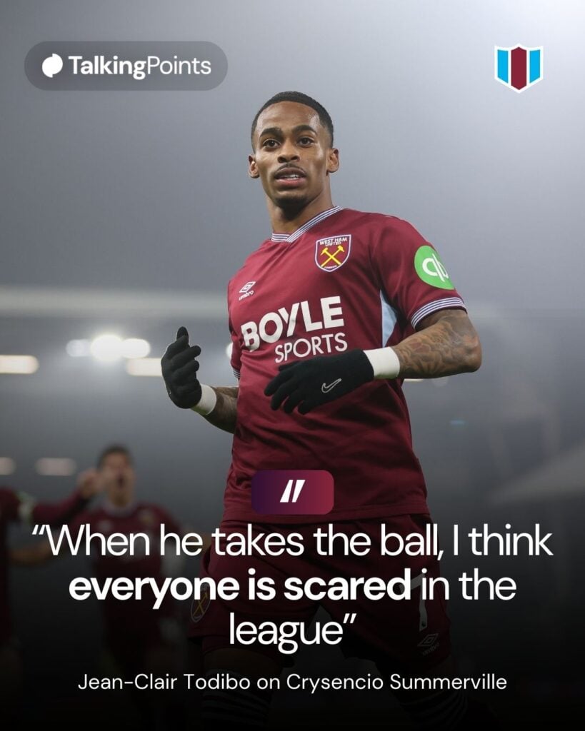 A graphic on a quote from Jean-Clair Todibo on Crysencio Summerville reading: 