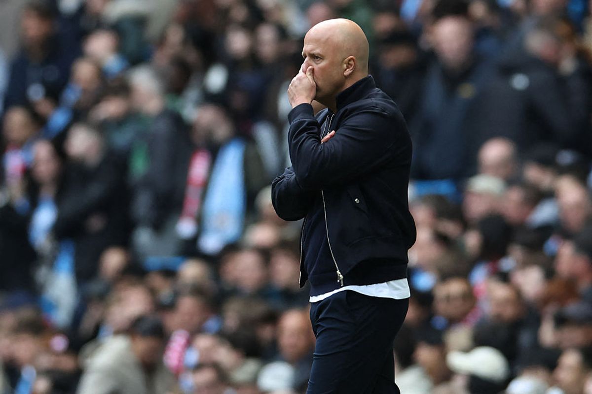 Arne Slot saw his side beaten 4-0 (Photo by Darren Staples / AFP via Getty Images) / RESTRICTED TO EDITORIAL USE. No use with unauthorized audio, video, data, fixture lists, club/league logos or 'live' services. Online in-match use limited to 120 images. An additional 40 images may be used in extra time. No video emulation. Social media in-match use limited to 120 images. An additional 40 images may be used in extra time. No use in betting publications, games or single club/league/player publications. / 