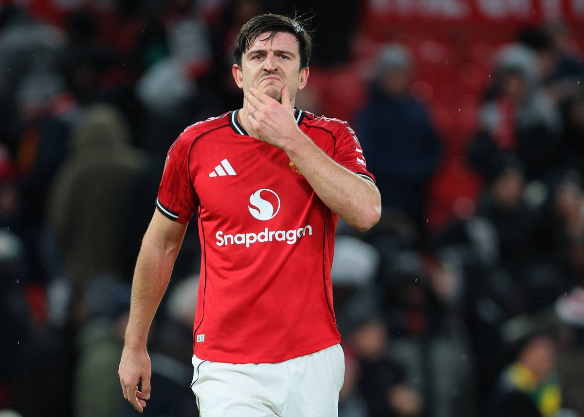 Harry Maguire of Manchester United reacts after the Emirates FA Cup Third Round match between Manchester United and Brighton & Hove Albion on January 11, 2026 in Manchester, England.