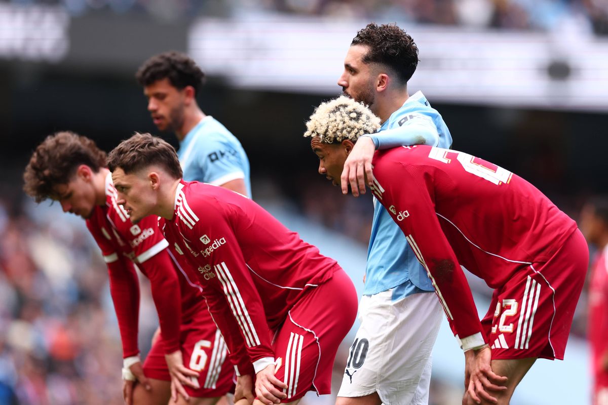 Liverpool's players look disappointed during the FA Cup quarter-final embarrassment at Manchester City on Saturday, April 4 2026