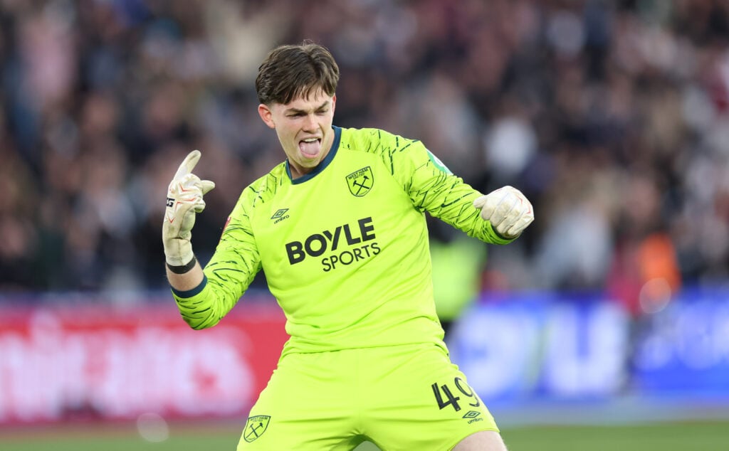 West Ham goalkeeper Fin Herrick saves a penalty against Leeds United