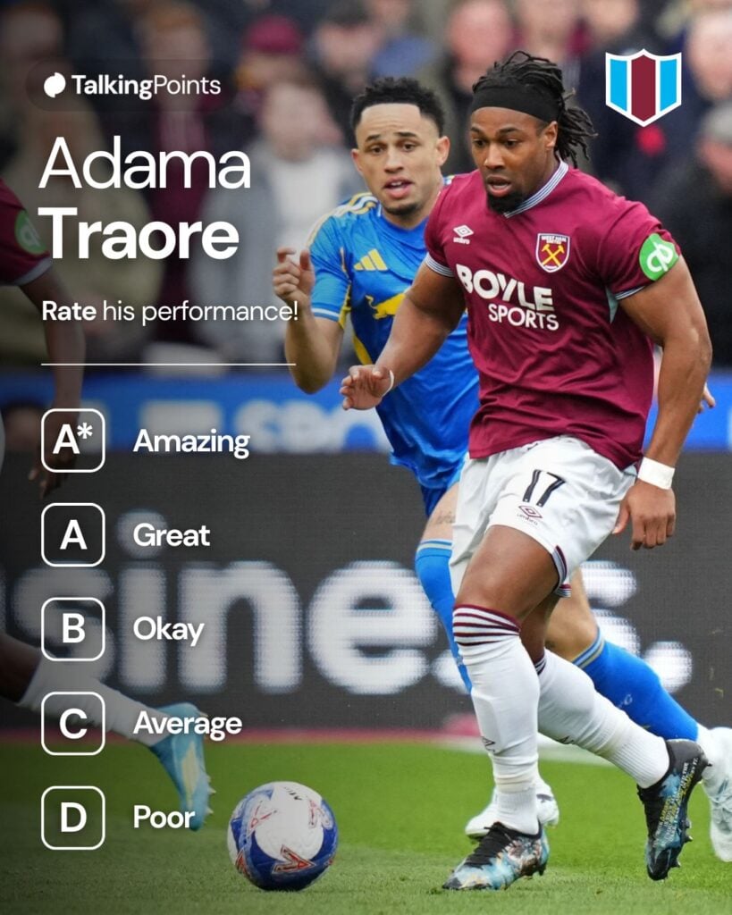 West Ham United's Spanish midfielder #17 Adama Traore (C) runs through the Leeds midfield during the English FA Cup quarter final football match between West Ham United and Leeds United at the London Stadium in east London on April 5, 2026.