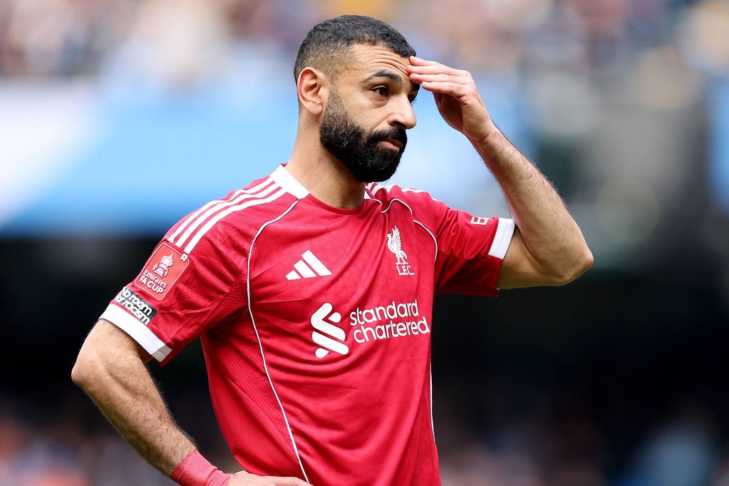 MANCHESTER, ENGLAND - APRIL 04: Mohamed Salah of Liverpool reacts during the Emirates FA Cup Quarter Final match between Manchester City and Liverpool at Etihad Stadium on April 04, 2026 in Manchester, England. (Photo by Michael Regan/Getty Images)