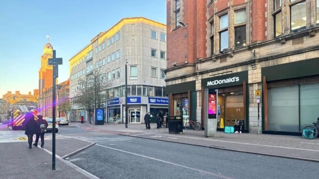 Emergency services tackle fire on McDonald's roof in Leicester
