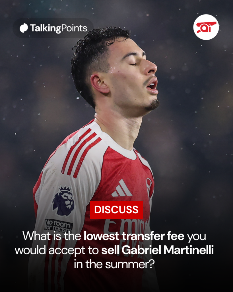 A graphic including a photo of Gabriel Martinelli asking Arsenal fans how much they would sell Martinelli for in the transfer window.