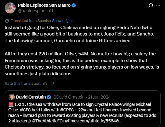 [Pablo San Mauro]: Instead of going for Olise, Chelsea ended up signing Pedro Neto (who still seemed like a good bit of business to me), Joao Félix, and Sancho. The following summer, Garnacho and Jaime Gittens arrived. All in, they cost 220 million. Olise, 54M.