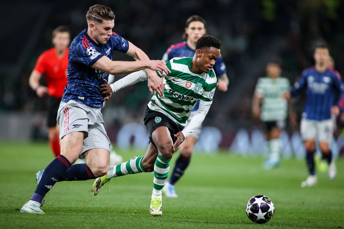 Lisbon, Portugal - April 7: Sporting's Geny Catamo and Arsenal's Viktor Gyokeres battling for the ball during the UEFA Champions League 2025/26 Quarter-Final First Leg match between Sporting Clube de Portugal and Arsenal FC at Estadio Jose Alvalade on April 7, 2026 in Lisbon, Portugal. (Photo by Torbjorn Tande/DeFodi Images/DeFodi via Getty Images)