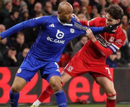 Leicester City's Jordan Ayew in action with Middlesbrough's Hayden Hackney