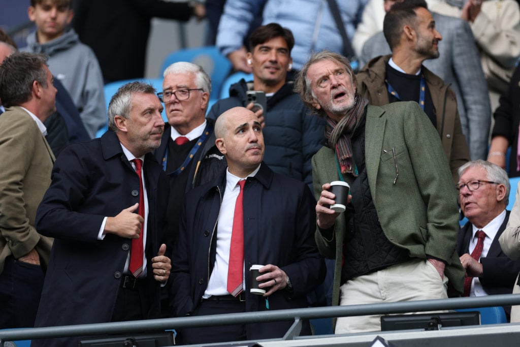 Jason Wilcox, Omar Berrada and Sir Jim Ratcliffe in stands.