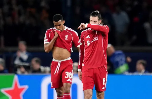 Liverpool’s Ryan Gravenberch (left) and Dominik Szoboszlai react after their side concede a goal