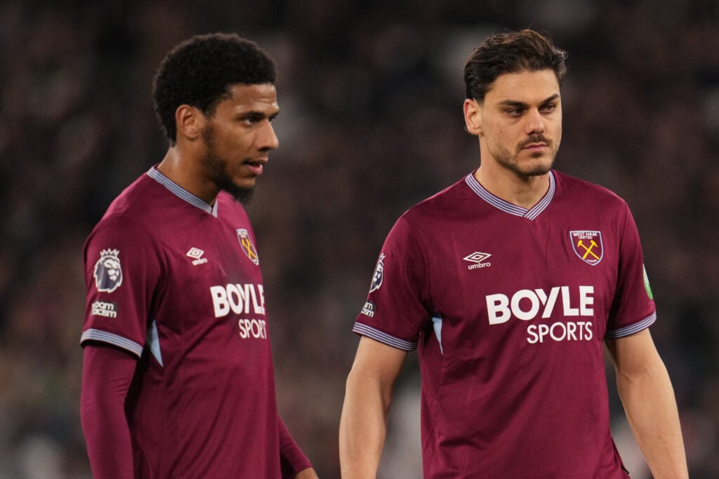 Konstantinos Mavropanos and Jean-Clair Todibo line up for a corner during the Premier League match between West Ham United and Manchester City