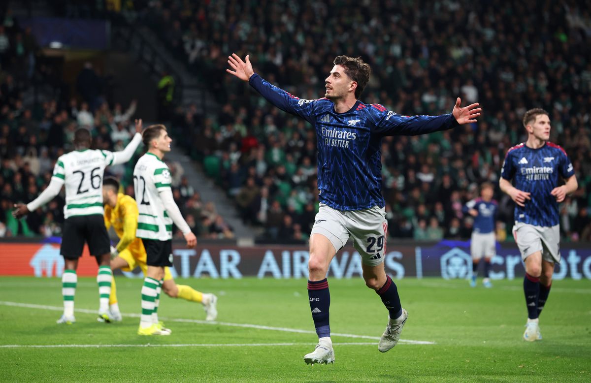 Kai Havertz of Arsenal celebrates scoring his team's first goal during the UEFA Champions League 2025/26 Quarter-Final First Leg match between Sporting Clube de Portugal and Arsenal FC at Estadio Jose Alvalade on April 07, 2026 in Lisbon, Portugal